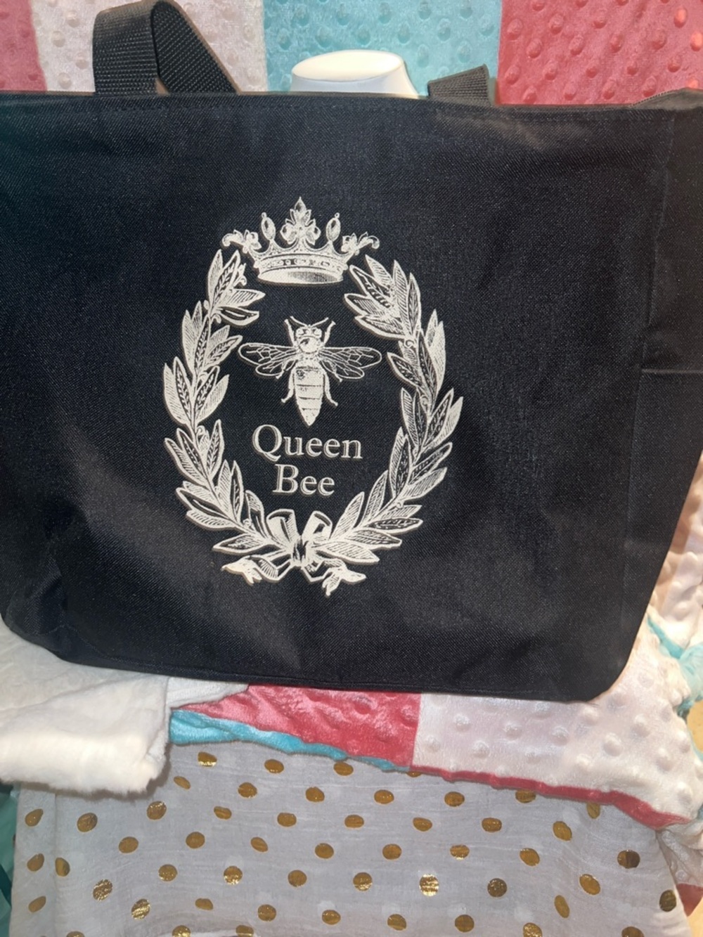 Queen Bee Black Canvas Tote Bag with White Crest